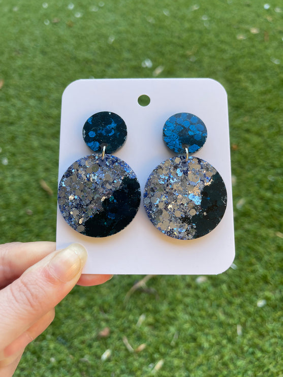 Large Circle Glitter Earrings- Navy and Blue