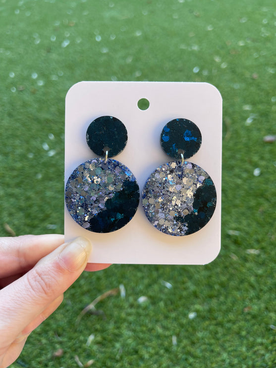 Large Circle Glitter Earrings- Navy and Blue