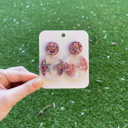 Large Circle Glitter Earrings- Pink and White