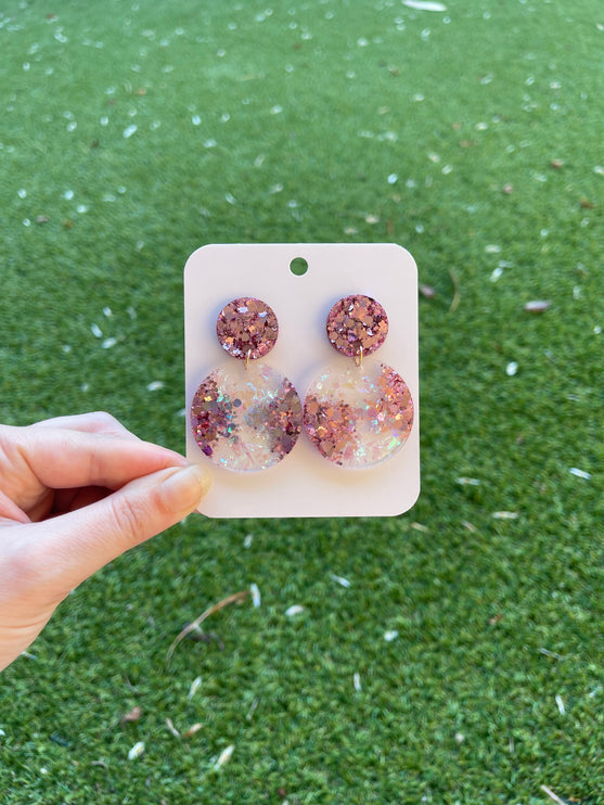 Large Circle Glitter Earrings- Pink and White