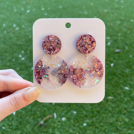 Large Circle Glitter Earrings- Pink and White