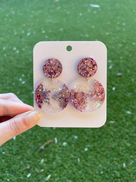Large Circle Glitter Earrings- Pink and White