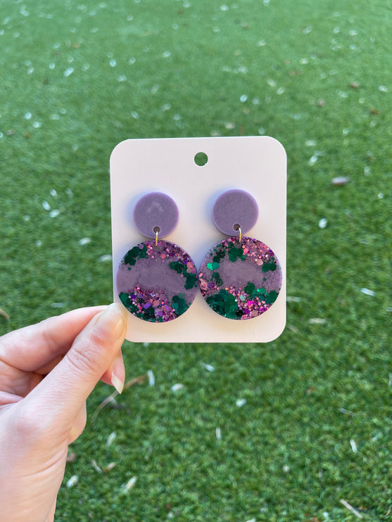 Large Circle Glitter Earrings- Emerald and Purple