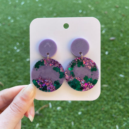 Large Circle Glitter Earrings- Emerald and Purple