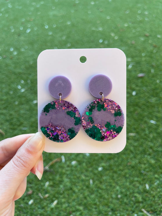 Large Circle Glitter Earrings- Emerald and Purple