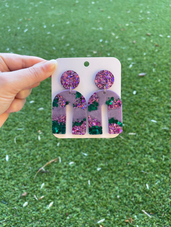 Arch Glitter Earrings- Emerald and Purple