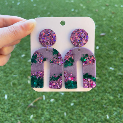 Arch Glitter Earrings- Emerald and Purple