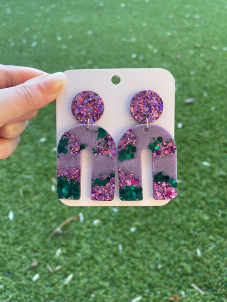 Arch Glitter Earrings- Emerald and Purple