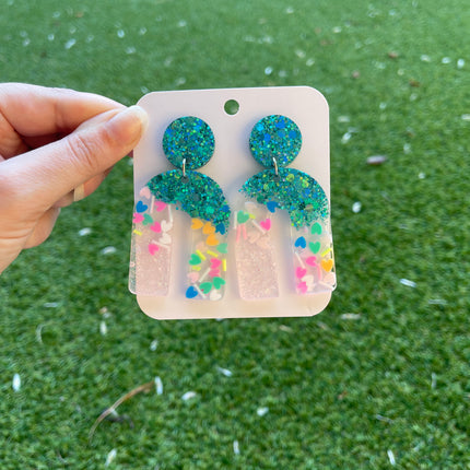 Arch Glitter Earrings- Emerald and Confetti Hearts