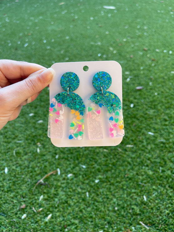 Arch Glitter Earrings- Emerald and Confetti Hearts
