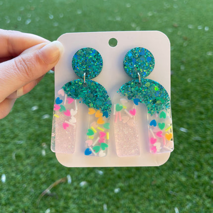 Arch Glitter Earrings- Emerald and Confetti Hearts