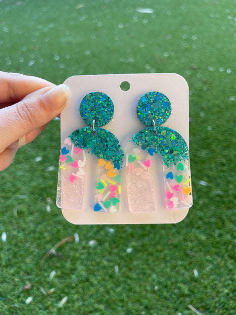 Arch Glitter Earrings- Emerald and Confetti Hearts