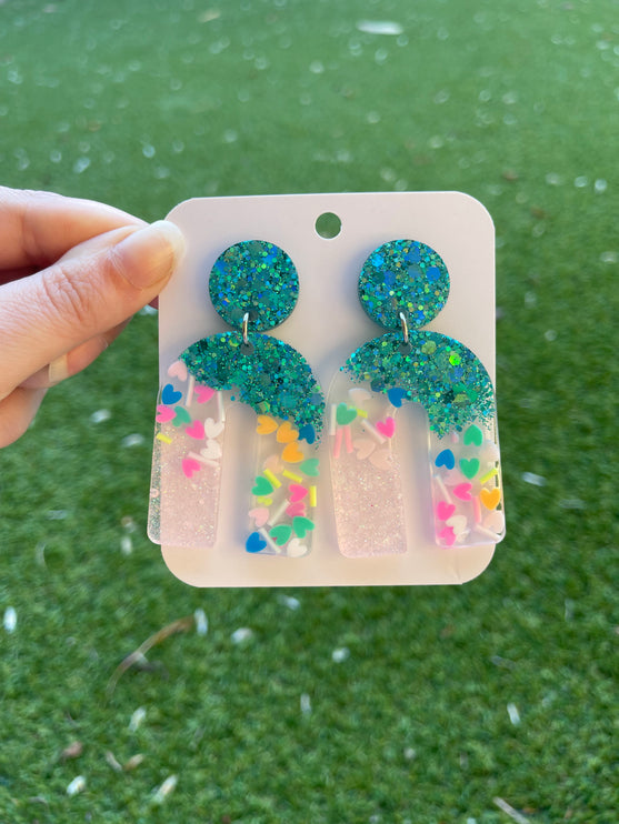 Arch Glitter Earrings- Emerald and Confetti Hearts