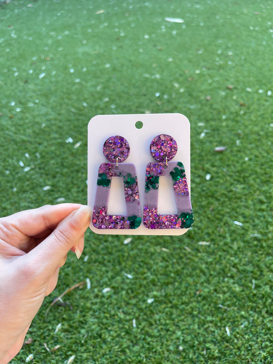 Rectangle Glitter Earrings- Emerald and Purple