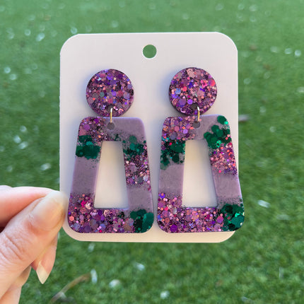 Rectangle Glitter Earrings- Emerald and Purple