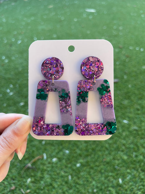 Rectangle Glitter Earrings- Emerald and Purple
