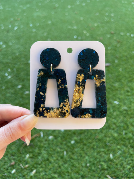 Rectangle Glitter Earrings- Navy and Gold