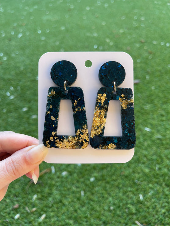 Rectangle Glitter Earrings- Navy and Gold