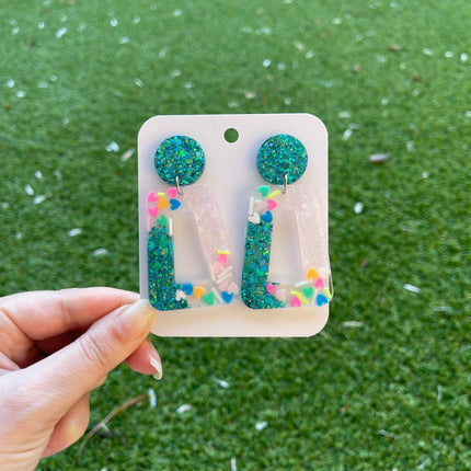 Rectangle Glitter Earrings- Emerald and Confetti Hearts