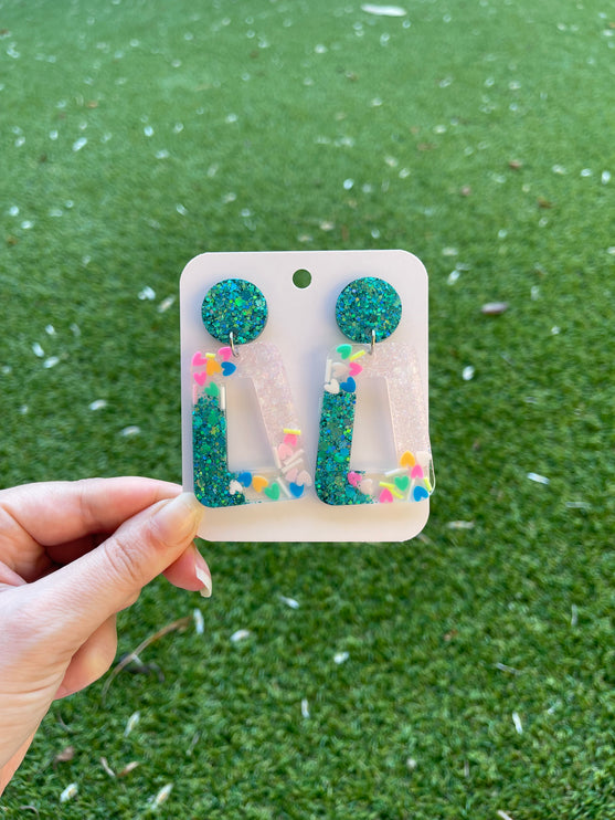 Rectangle Glitter Earrings- Emerald and Confetti Hearts
