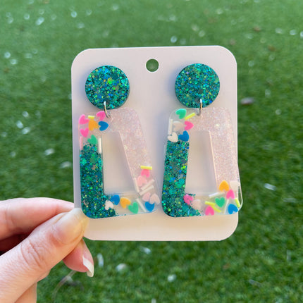 Rectangle Glitter Earrings- Emerald and Confetti Hearts