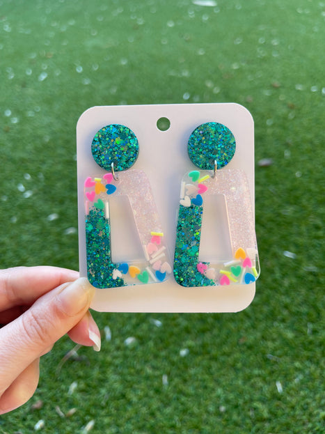 Rectangle Glitter Earrings- Emerald and Confetti Hearts