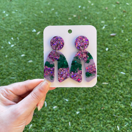 Curve Glitter Earrings- Emerald and Purple