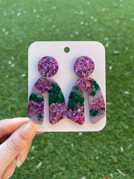 Curve Glitter Earrings- Emerald and Purple