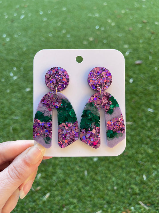 Curve Glitter Earrings- Emerald and Purple