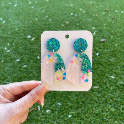 Curve Glitter Earrings- Emerald and Confetti Hearts