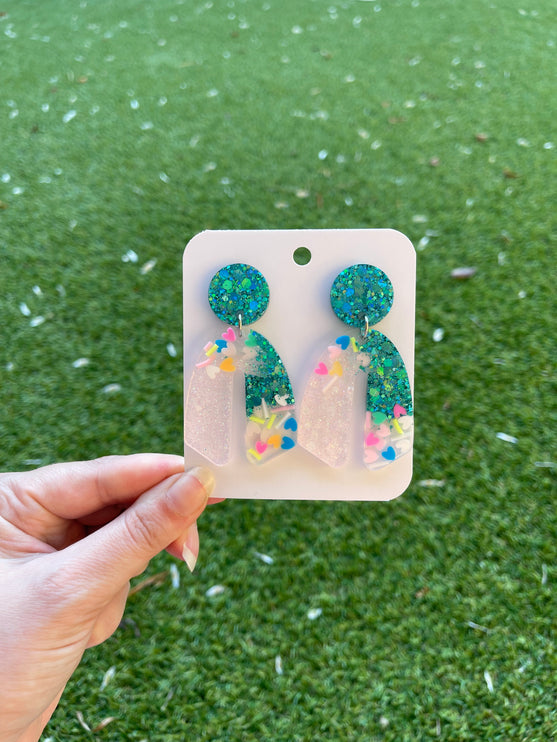 Curve Glitter Earrings- Emerald and Confetti Hearts