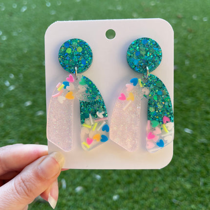 Curve Glitter Earrings- Emerald and Confetti Hearts