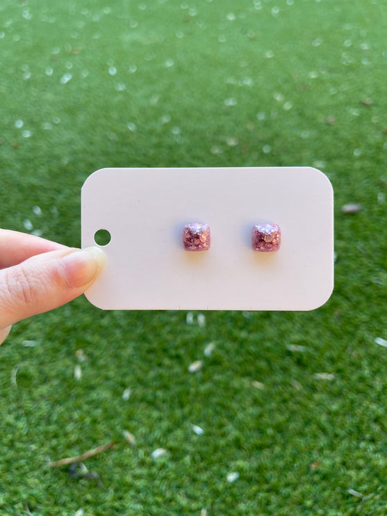 Pink Square Glitter Earring Studs