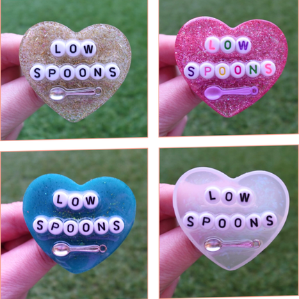 'Low Spoons' Resin Heart Brooch