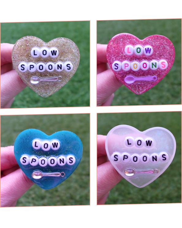 'Low Spoons' Resin Heart Brooch