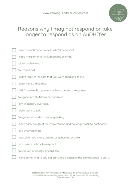 Reasons why I may not respond or take longer to respond as an AuDHD’er- Digital Download List