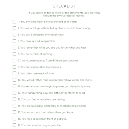 Visual-spatial learner checklist- Digital download