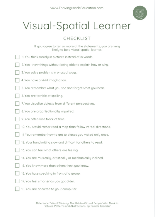 Visual-spatial learner checklist- Digital download