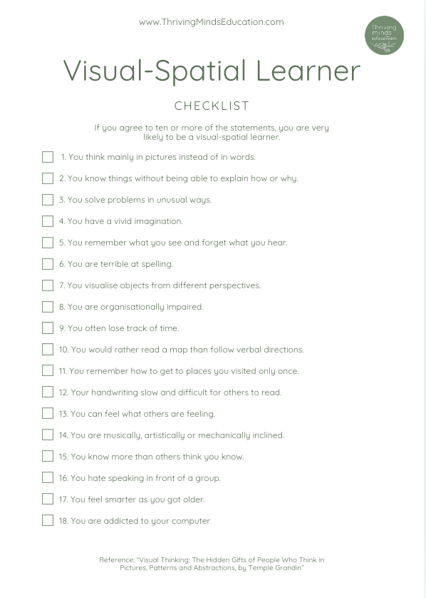 Visual-spatial learner checklist- Digital download – Thriving Minds ...