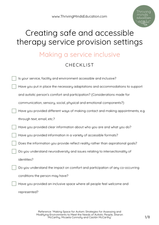 Creating safe and accessible therapy service provision settings- Checklist