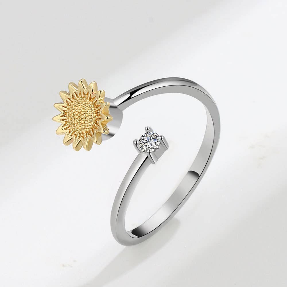 Sunflower Anxiety Fidget Spinner Ring in 925 Sterling Silver
