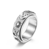 Silver Sun Moon Star Fidget Spinner Band Ring in Stainless Steel
