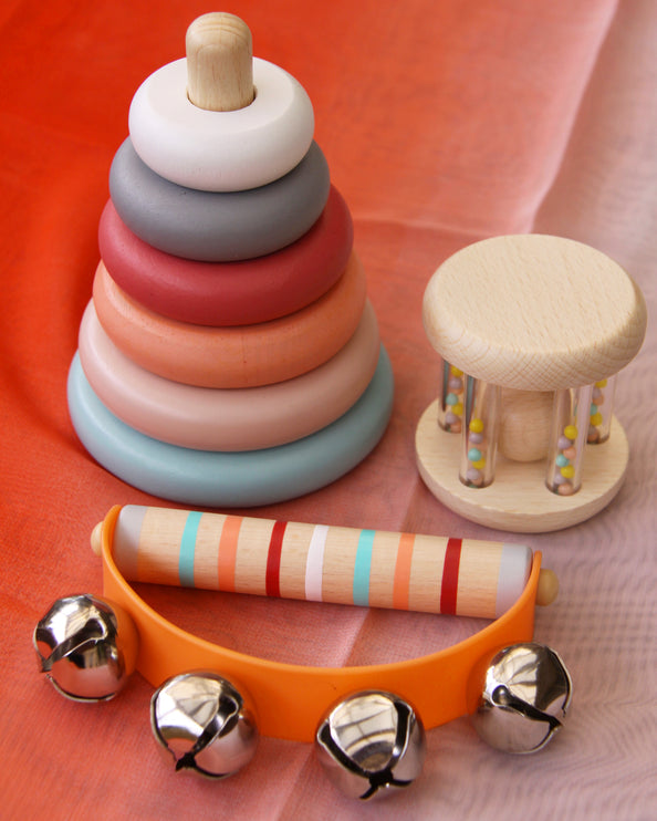 Wooden Rattle with Rainbow Beads