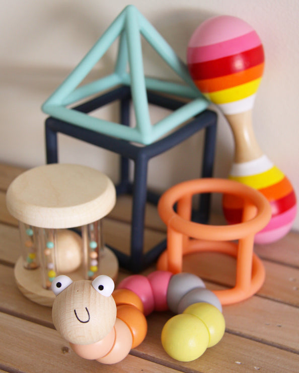 Wooden Rattle with Rainbow Beads