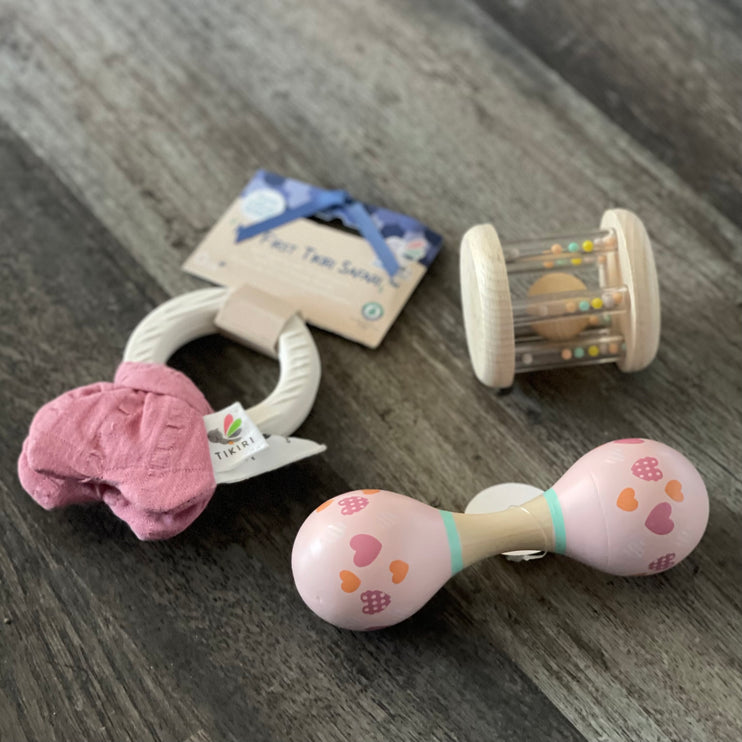 Wooden Rattle with Rainbow Beads