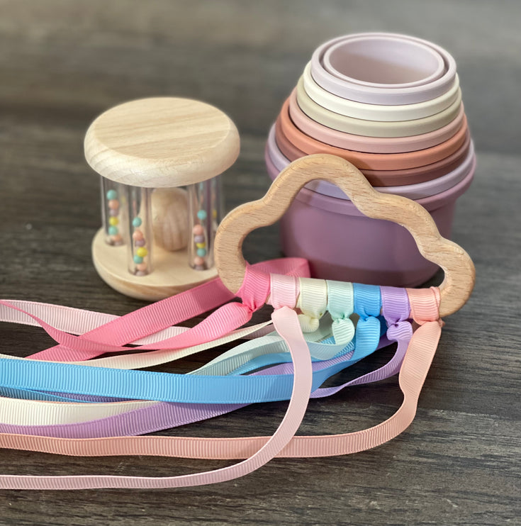 Wooden Rattle with Rainbow Beads